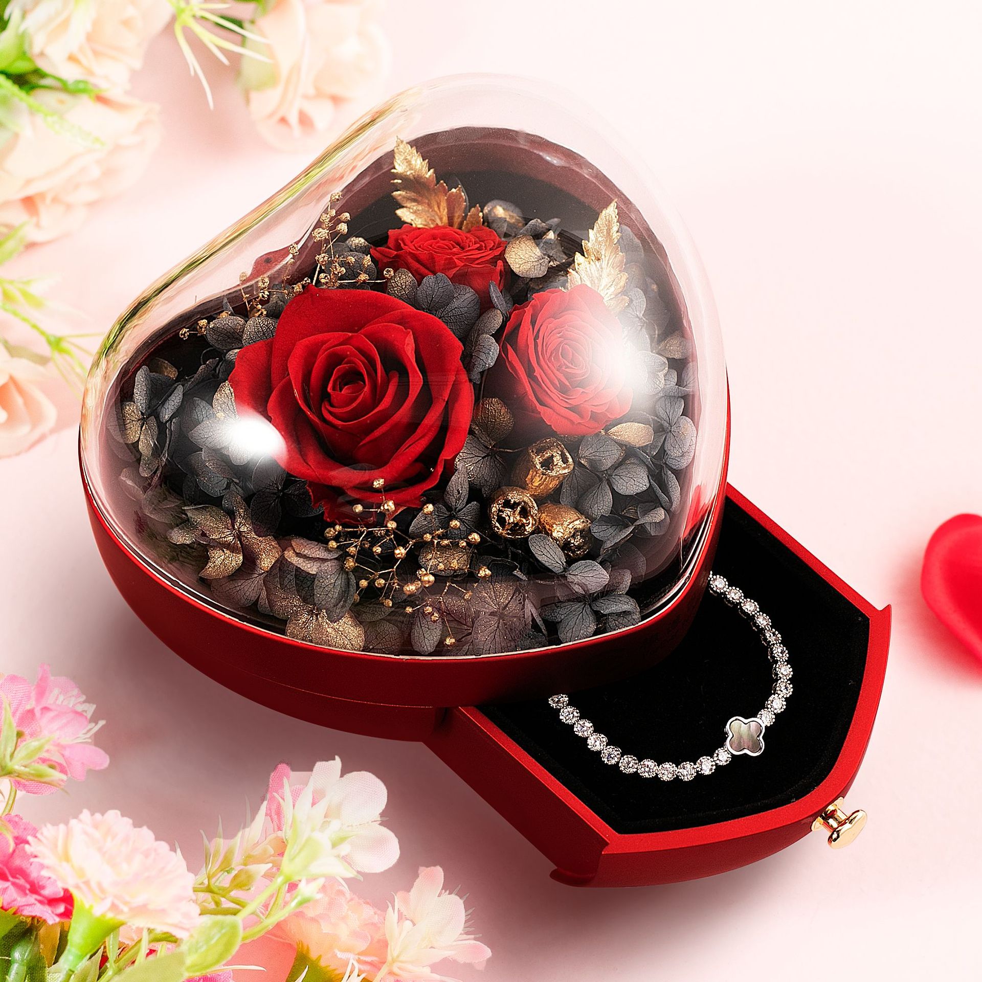 Romantic Valentine's Day Gift Box Tumbler Heart Eternal Flower Gift Box Christmas Jewelry Box Ring Pendant Drawer Accessories details Picture