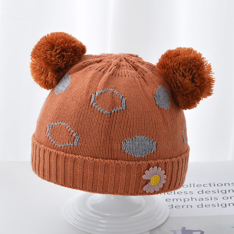 New Children's Wool Hat Cartoon Double Ball Baby Hat Cotton Inside Newborn Tire Cap Baby Knit Cap Specification drawing