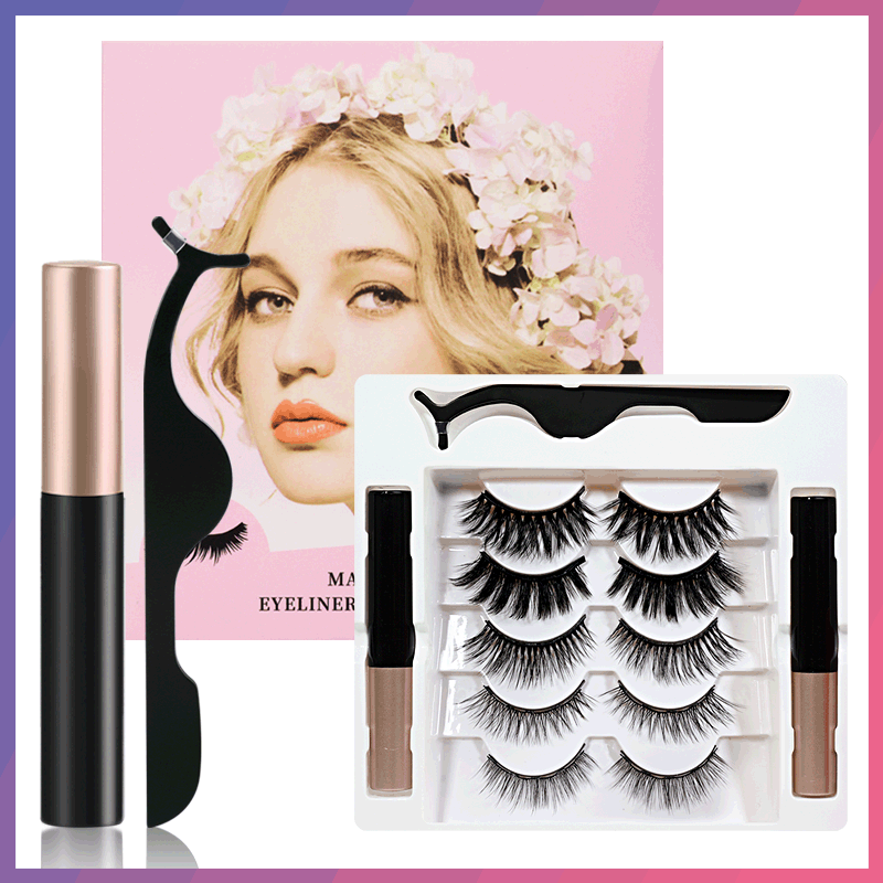 Manufacturers Wholesale False Eyelashes Magnetic False Eyelashes 5 Pairs Of Eyelashes 2 Liquid Eyeliner Set Magnetic Natural Model details Picture