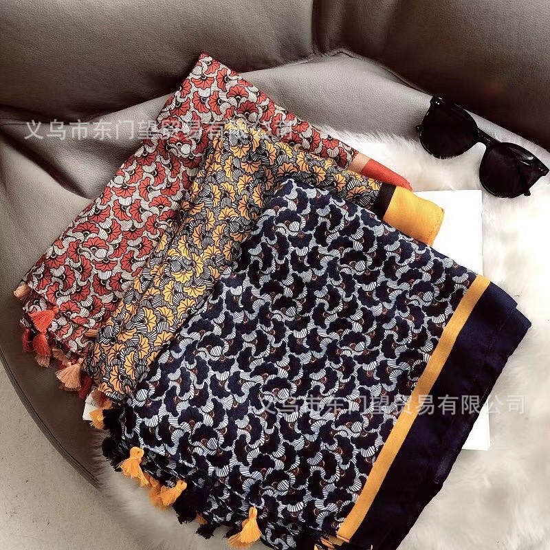 New Autumn And Winter Scarf Hanging Tassel Long Scarf Gingko Leaf Flower Cape Ethnic Scarf Photography Scarf