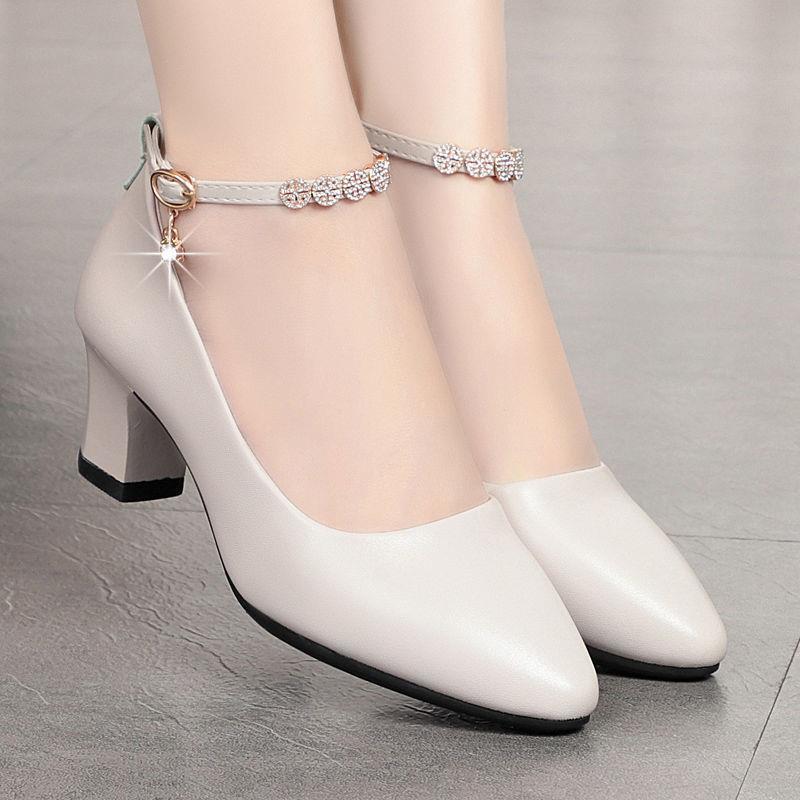 Mother Shoes Mid-Heel Low Heel High Heel Soft Sole Women's Single Shoes 2022 New Middle-Aged Spring And Autumn Women One-Button Leather Shoes Specification drawing