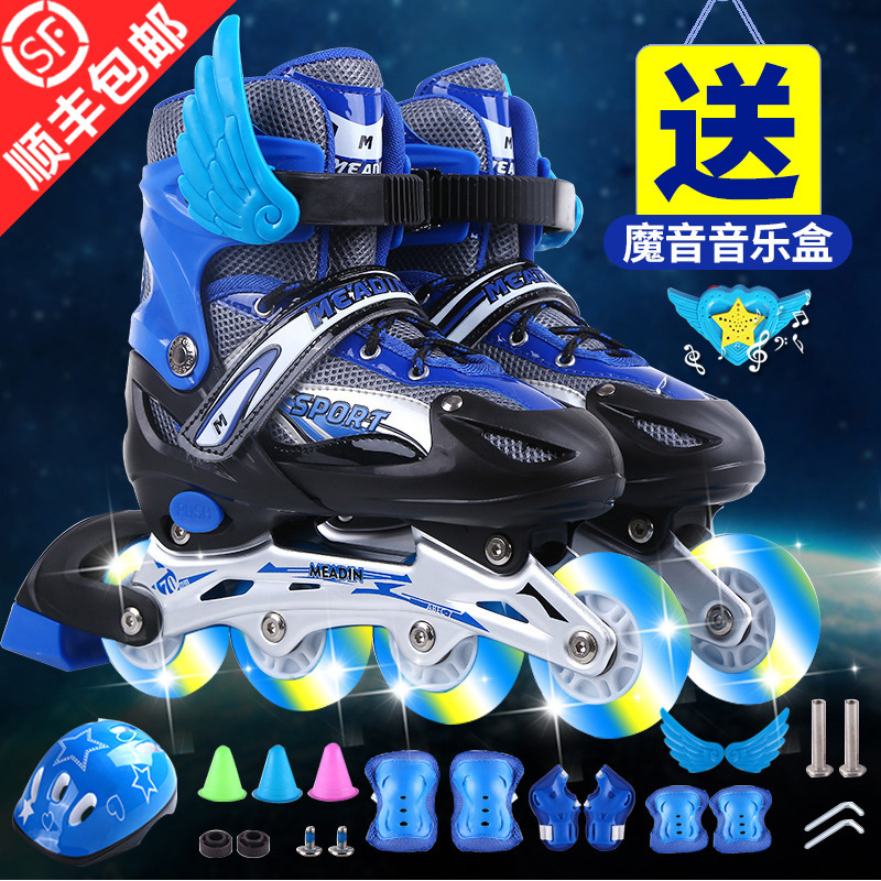 Kids Boys Glitter Wheel Equipped With Skates. 6-16 Yrs Fancy Boys Set Single Row Girls Size Kids