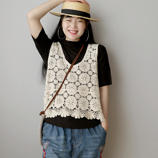 Spring New Cotton Thread Hook Flower Hollowed Out Small Vest Female Retro Art Loose Sleeveless Small Vest 3444