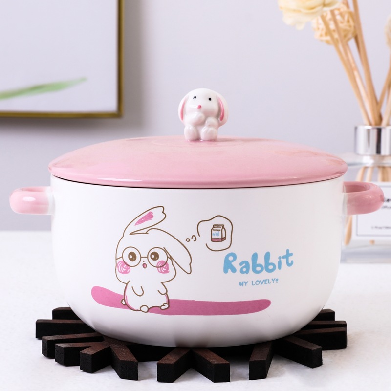 创意手绘萌兔可爱卡通学生宿舍陶瓷日式泡面碗带盖双耳汤碗餐具