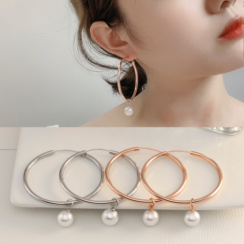 一款两戴夏季新款耳环 女珍珠圆圈韩国气质圆环大耳圈银圆脸显瘦                              