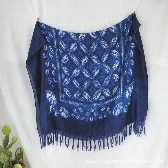 Women's Long Scarf New Tie-Dye Navy Blue Gauze Scarf Gradient National Style Cape Vintage Print Dazzling Color Scarf Item Picture