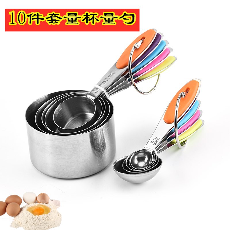 304 Stock 10 Sets Measuring Cup Measuring Spoon Stainless Steel With Graduated Silicone Handle Manufacturers Direct Supply Measuring Cup Set