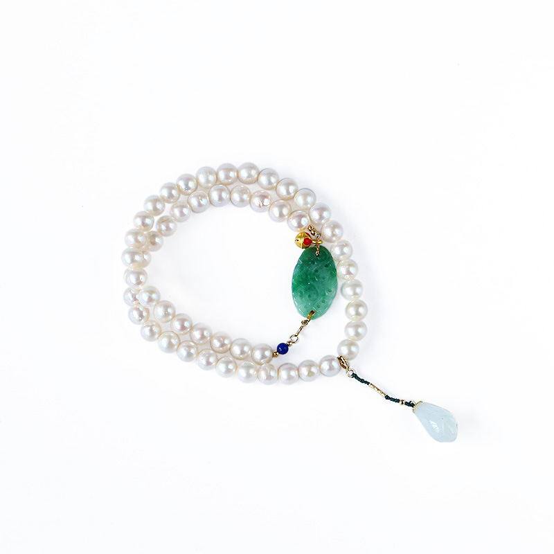 Natural freshwater pearl nearly round jade carved brand 18K gold necklace bracelet for women's pairs, DIY magnolia flower drip Item Picture