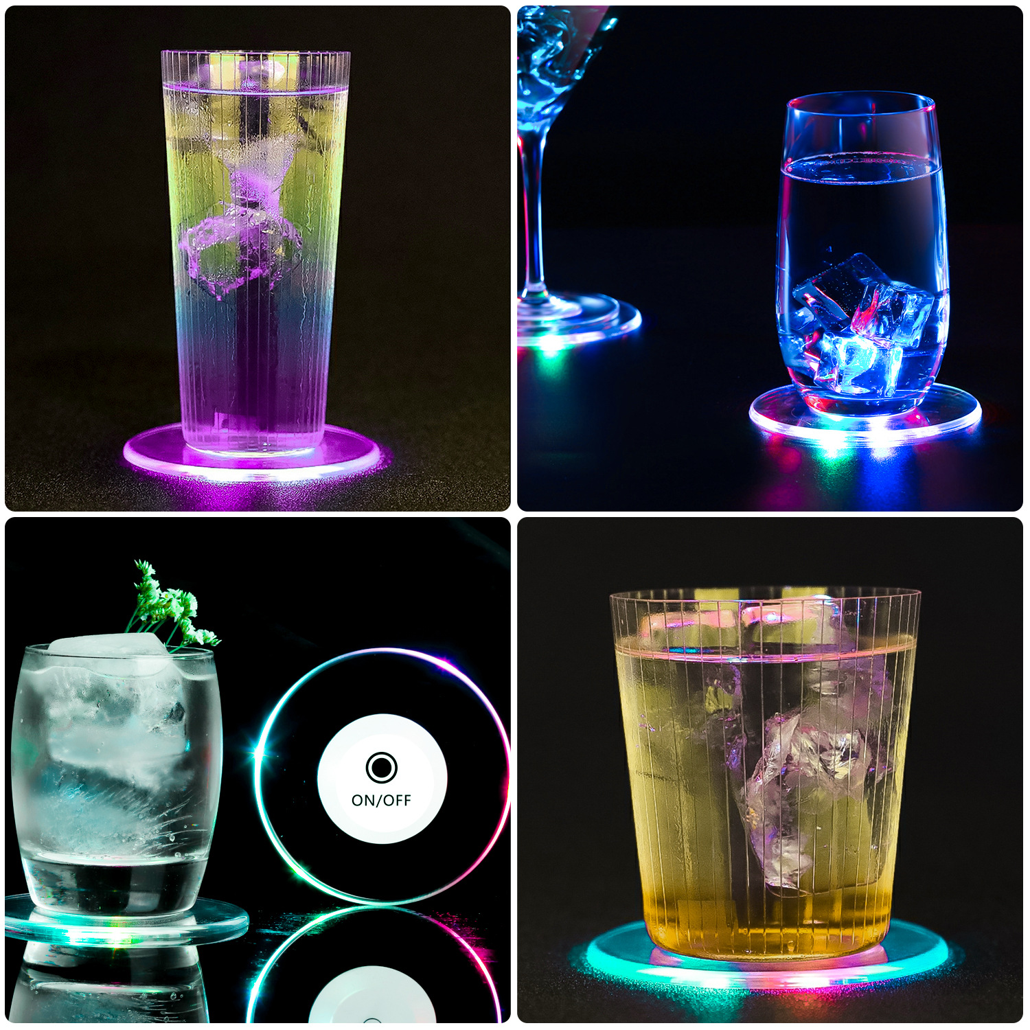 Wholesale led illuminated coasters, acrylic transparent illuminated coasters, cocktail bar three-color light illuminated water coasters Specification image