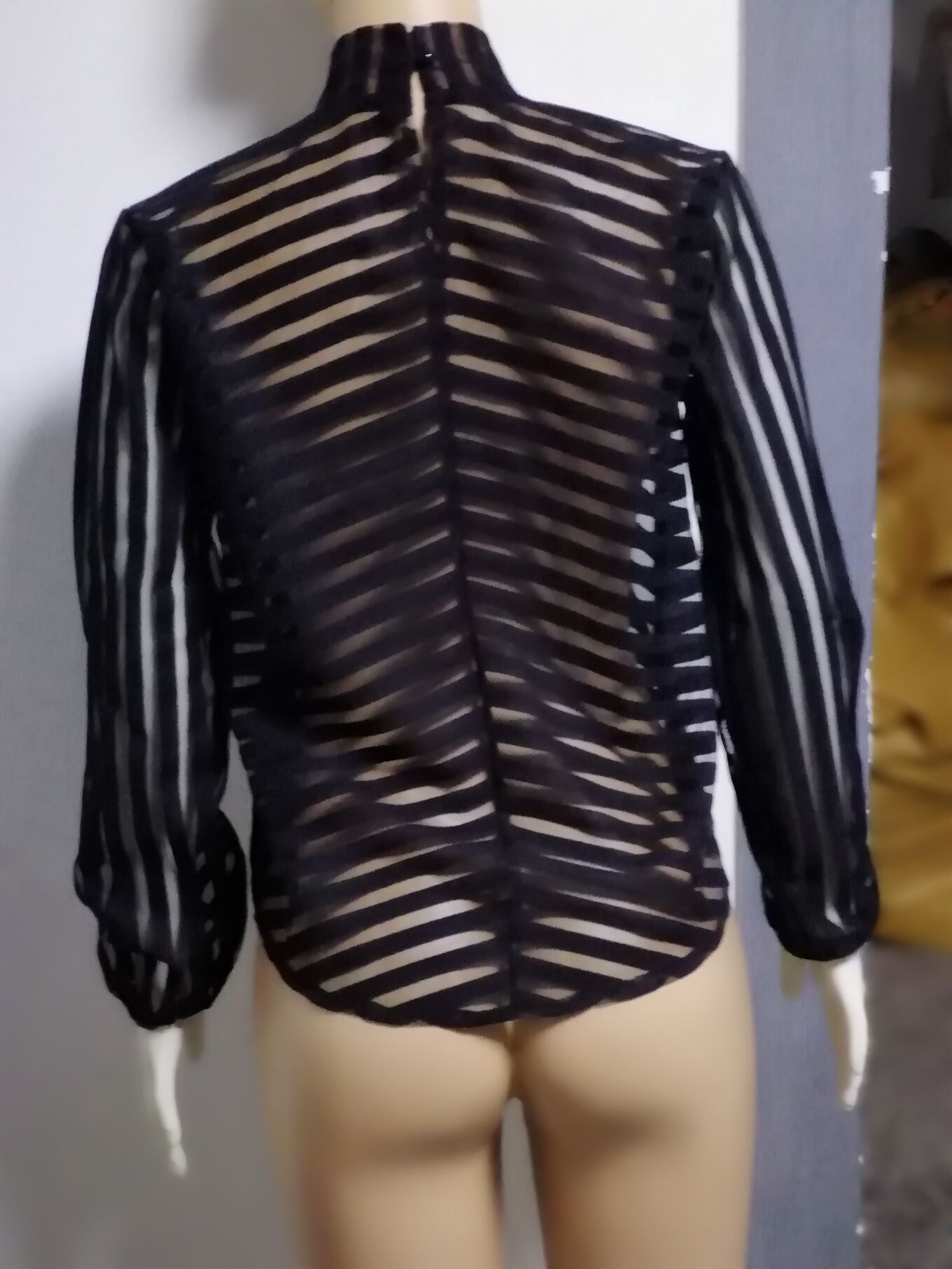 ebay速卖通秋季新款女士条纹立领镂空上衣性感长袖透视女式衬衫详情图5