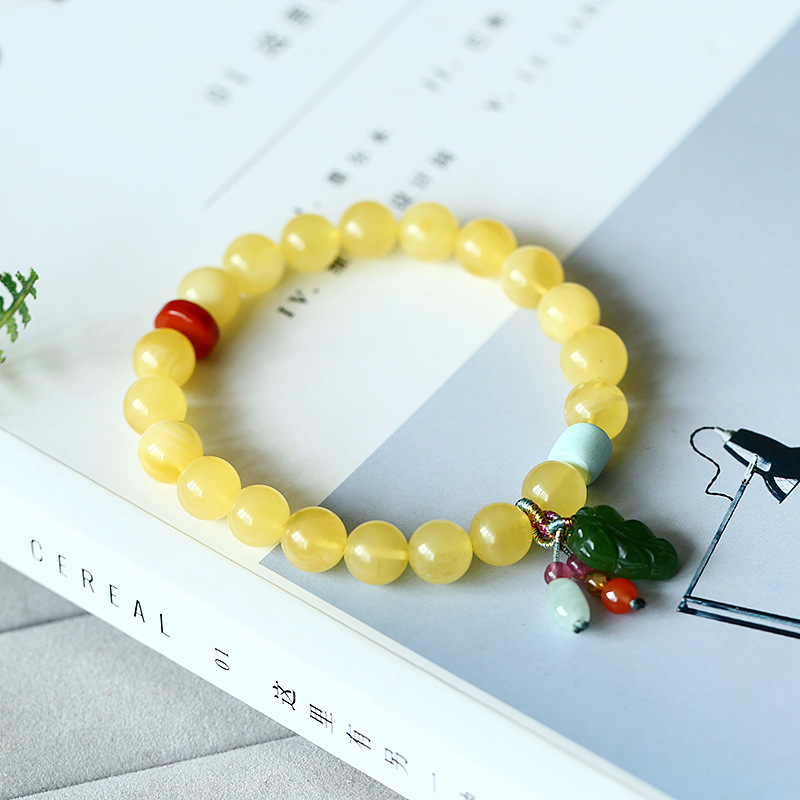 原创天然圆珠蜜蜡手链 复古手工蜜蜡吊碧玉树叶手串 绿松石女款