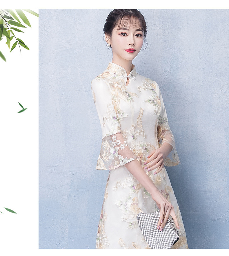 A modern champagne-colored cheongsong-style dress with a Chinese style, featuring a youthful and trendy style for young girls pic 11