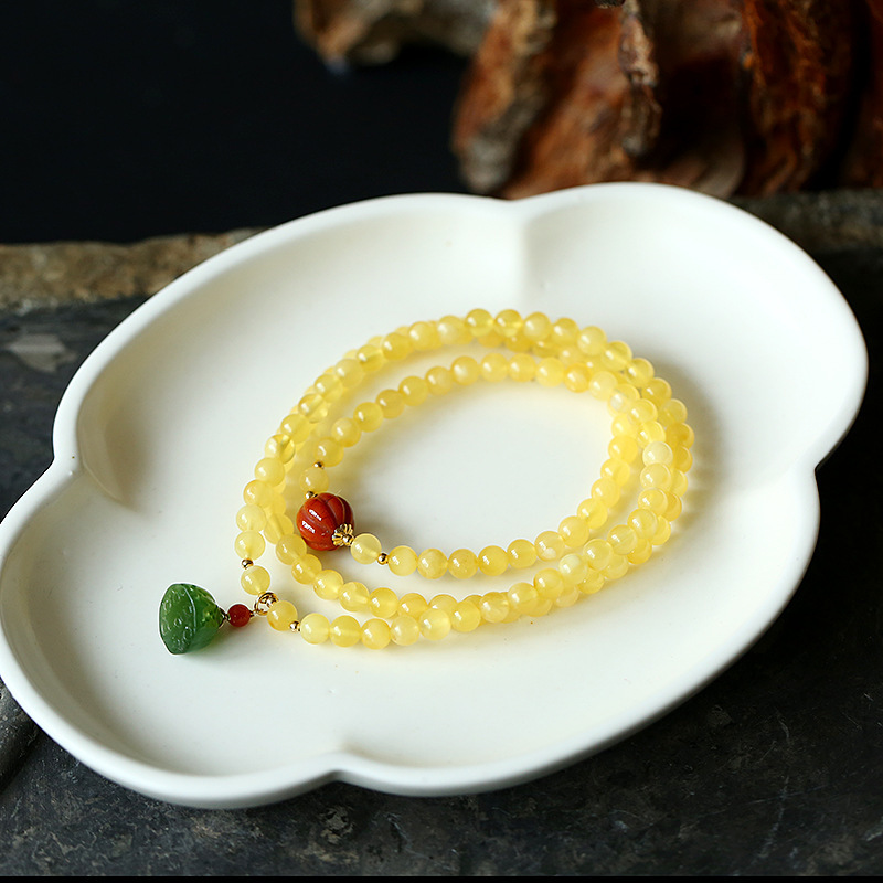 High-end natural three-ring beeswax bracelet, 14K gold-plated south red agate, ethnic style multi-ring Russian material beeswax bracelet for women Specification image