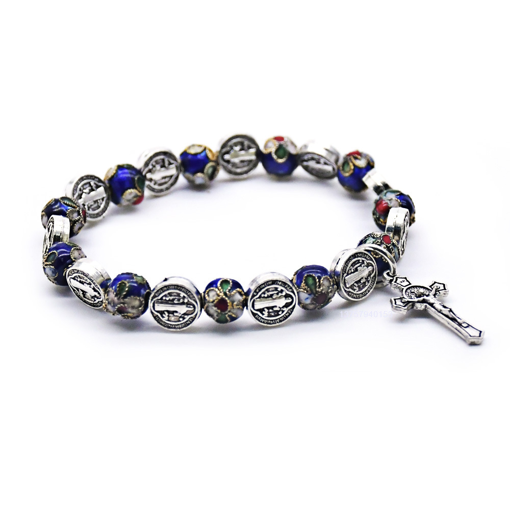 Saint Benedict bracelet, sapphire blue Cloisonne metal handcrafted bead string, cross jewelry bracelet