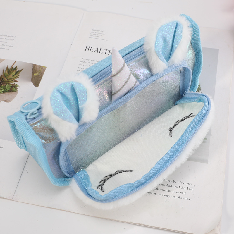TOPSTHINK Unicorn Velvet double-layer pencil case, large-capacity personalized stationery box, cartoon girls' hand-held silicone simple and niche pencil case Specification image