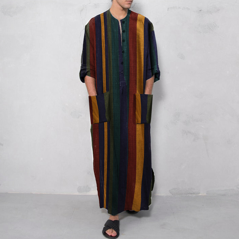 New Spring/Summer Middle Eastern clothing for foreign trade: Long-sleeved one-piece Arab men's striped printed Muslim men's robe details Picture