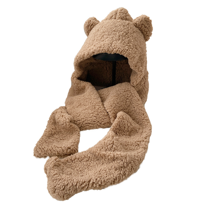 Peluche oso orejas sombrero bufanda una mujer otoño invierno versión coreana versátil sistema de día dulce lindo invierno mantener caliente Item Picture