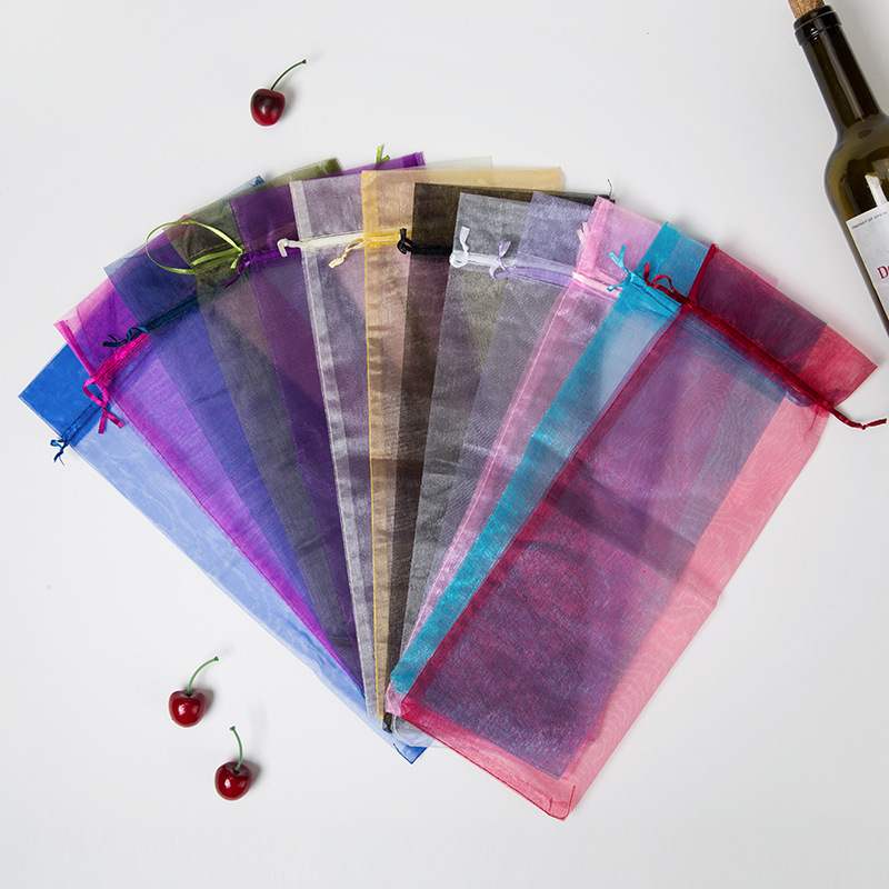 Factory direct sales of 14*37 multi-color single transparent gauze wine bags, drawstring gift gauze bags, drawstring net gauze bags