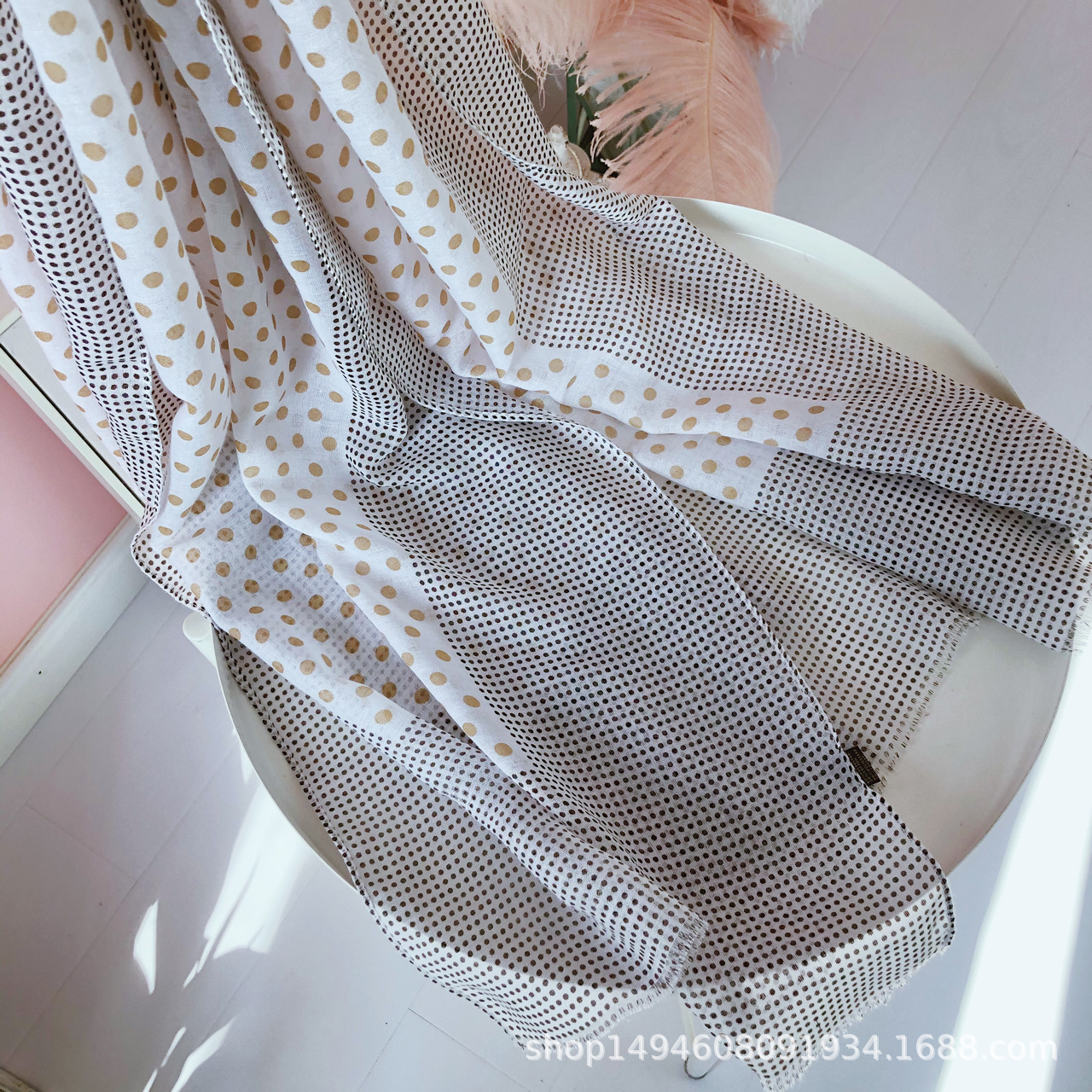 Women's Long Scarf New Spring And Autumn National Style Shawl Splicing Scarf Two-Color Polka Dot Beach Scarf Specification drawing