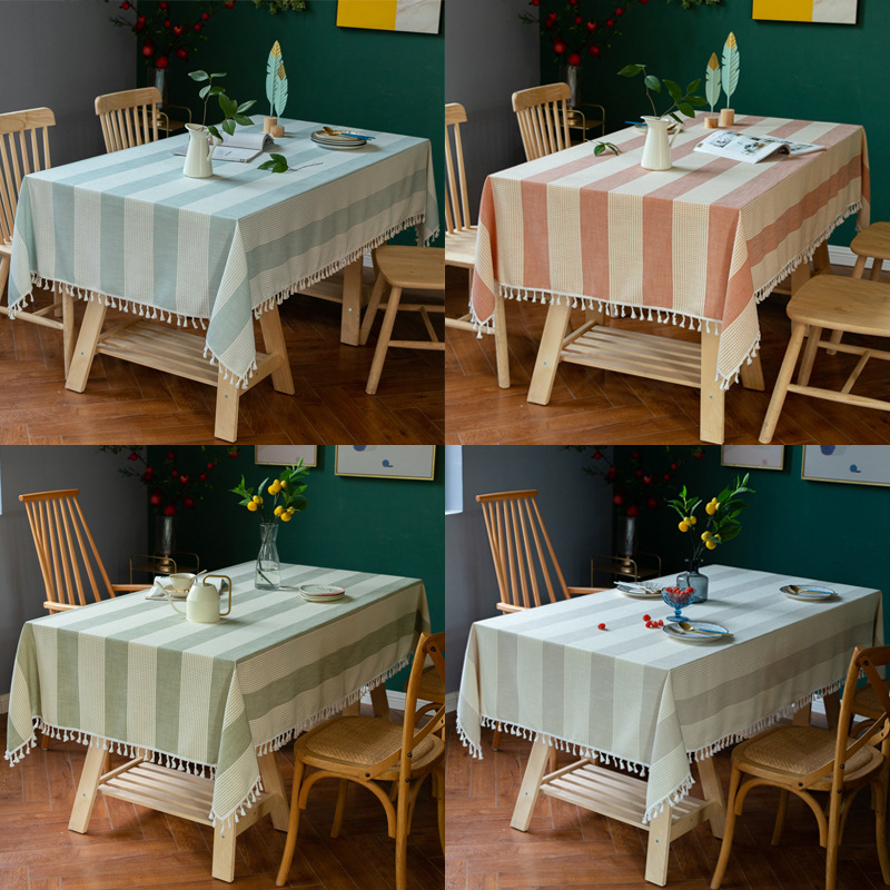横岗 ins风北欧式现代简约时尚大方高级感素色条纹桌布 ebay棉麻流苏花边餐桌罩盖布聚会台布批发