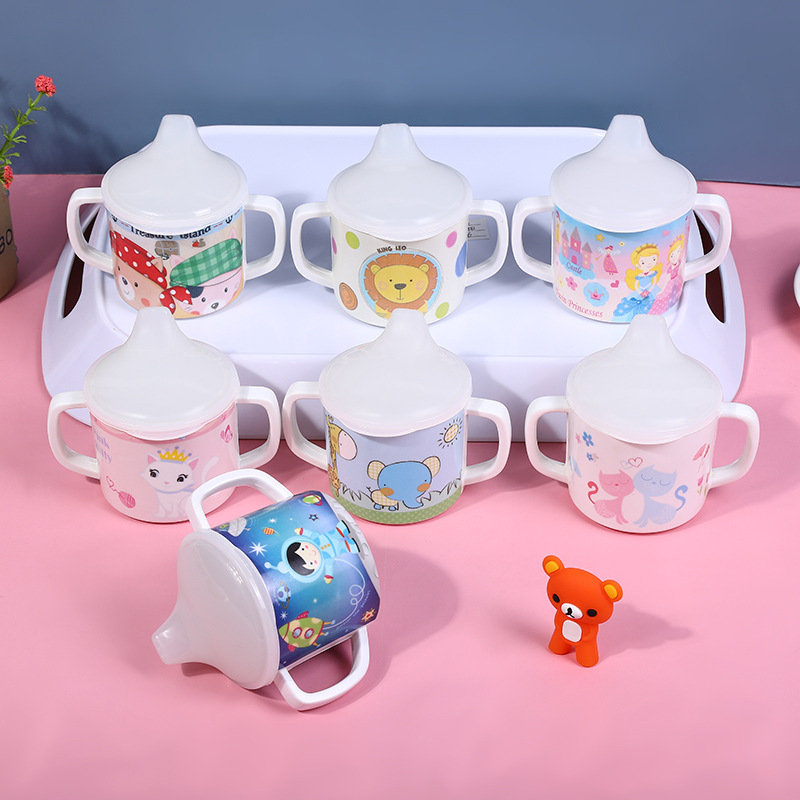 Manufacturers Directly Supply Baby Cute Cartoon Pattern A5 Pure Melamine Baby Suction Cup Double Handle Water Cup