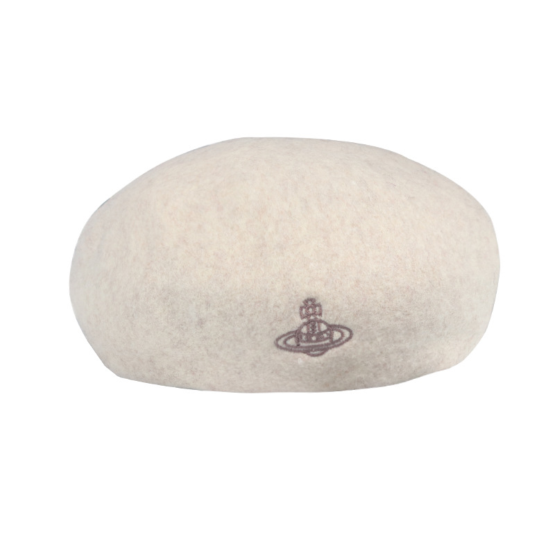 Classic Saturn Embroidery solid color everything retro warm pure wool beret lady Item Picture