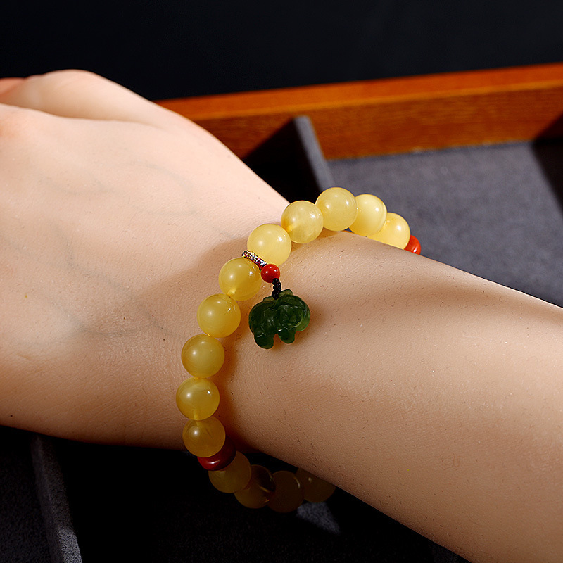 天然蜜蜡圆珠手链吊碧玉小象 精美diy手工绿松石吊坠手串女