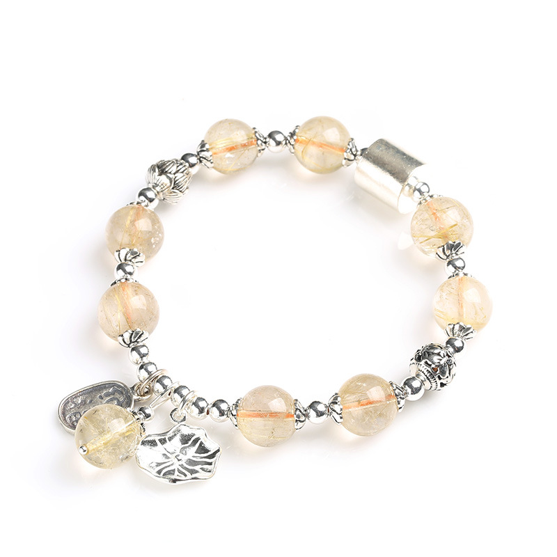 Powerful wealth, prosperous career, original natural gold hairstone, retro pure silver bracelet, lotus leaf crystal bracelet, high-end women's style Item Picture
