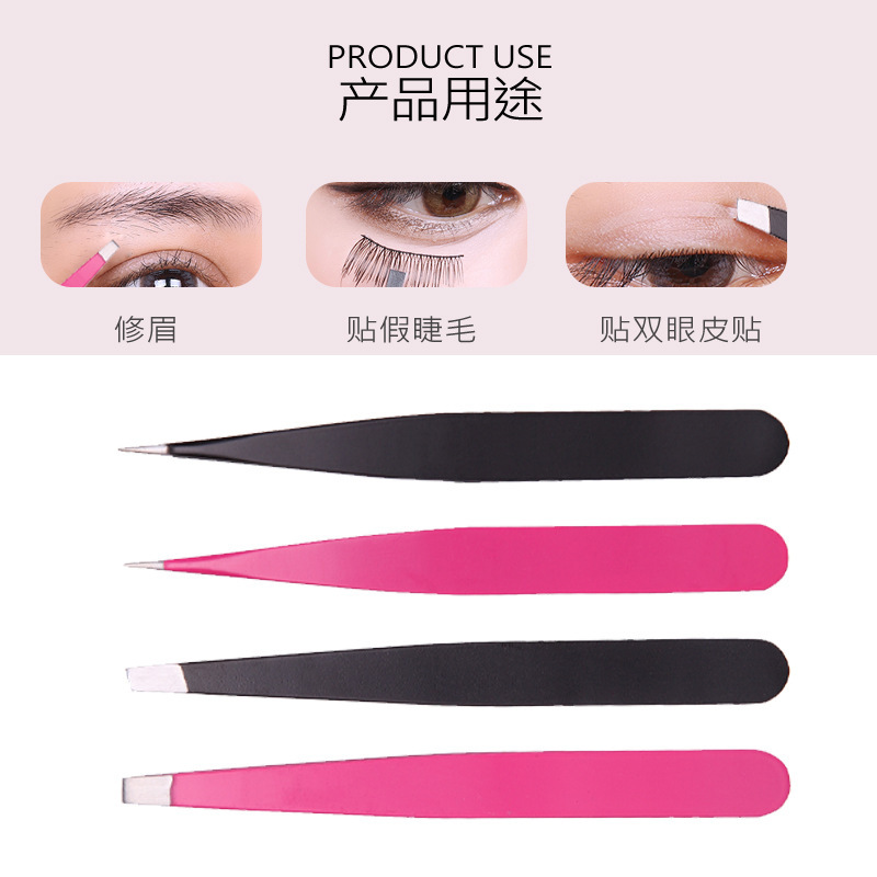 shanilak factory directly supplies beveled electroplated colored eyebrow clips, eyebrow plucking tweezers, false eyelash pasting, double-eye skin clips and beauty tools Item Picture