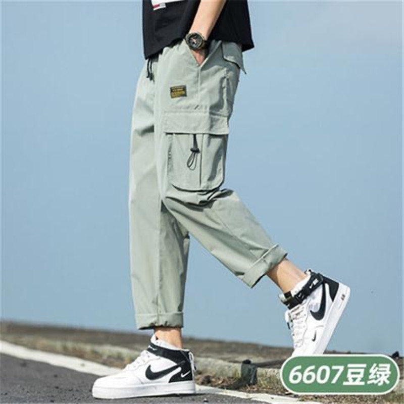Men's trendy workwear pants, 9-inch casual long pants, men's loose spring and autumn thin drawstring sports Korean style trend distribution details Picture