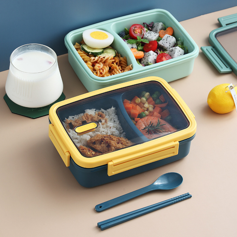 批发长方形双层塑料便当盒 学生食堂分格午餐盒 可微波炉加热饭盒