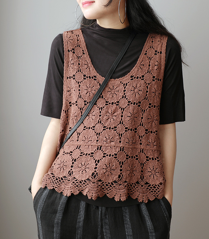 Spring New Cotton Thread Hook Flower Hollowed Out Small Vest Female Retro Art Loose Sleeveless Small Vest 3444 Specification drawing