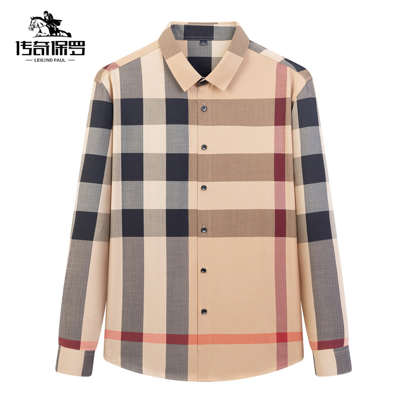 Legendary Paul Men's wear's new men's body-worn T-shirt, summer no-iron treatment, trendy checked long-sleeved shirt Specification image