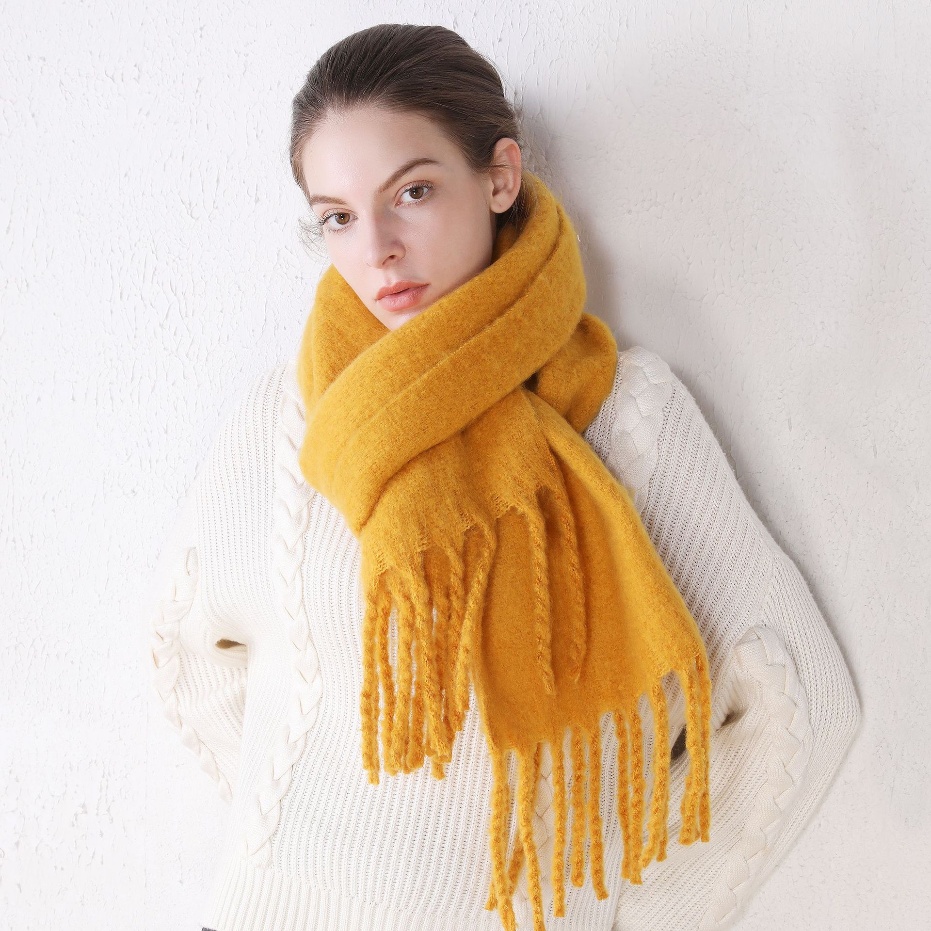 New thickened and warm mohair scarf women's shawl from Foreign trade z Family, faux cashmere autumn and winter thick beard solid color scarf Specification image