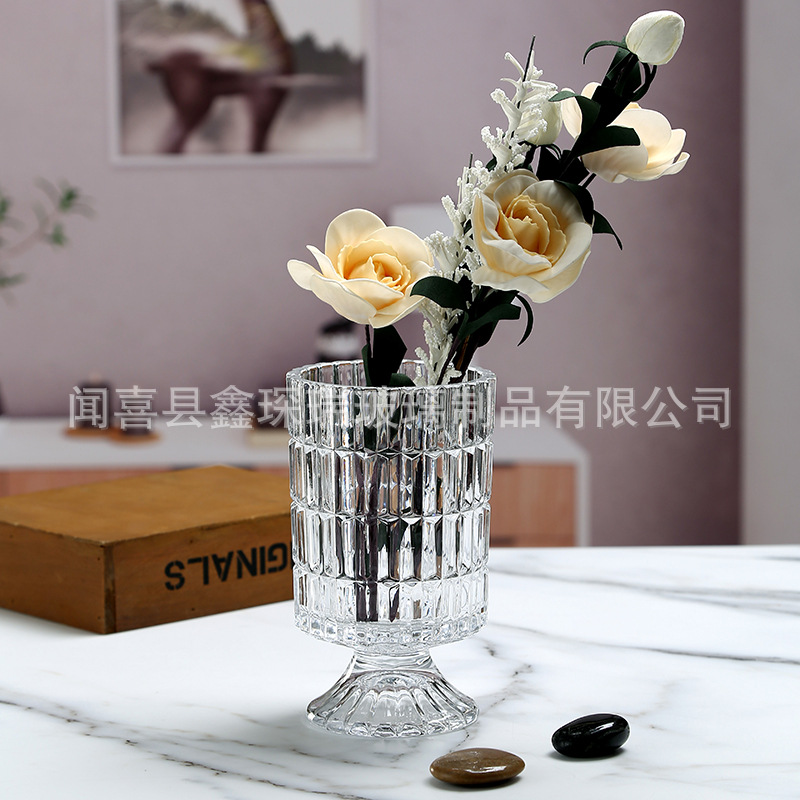 Nordic Simple Relief Tall Glass Vase Transparent Living Room Flower Arrangement Hotel Wedding Candlestick Wind Lamp Ins Decoration Specification drawing