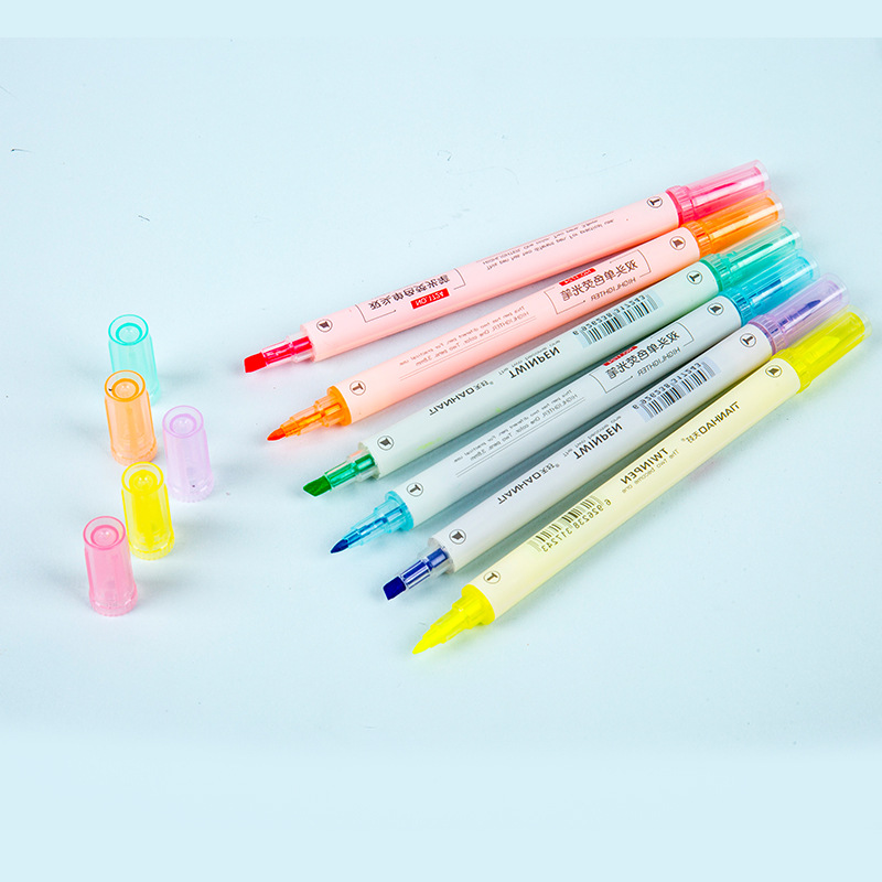 1724 Double-headed colored highlighters for students, DIY notebook pen, 1PVC bag, 6 colors, 6 slanted and round-headed markers details Picture