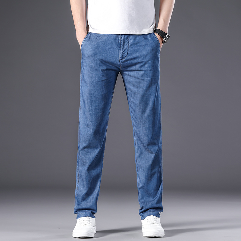 Summer thin jeans, men's Modal business thin dad mid-waist stretch straight loose casual ice silk pants
