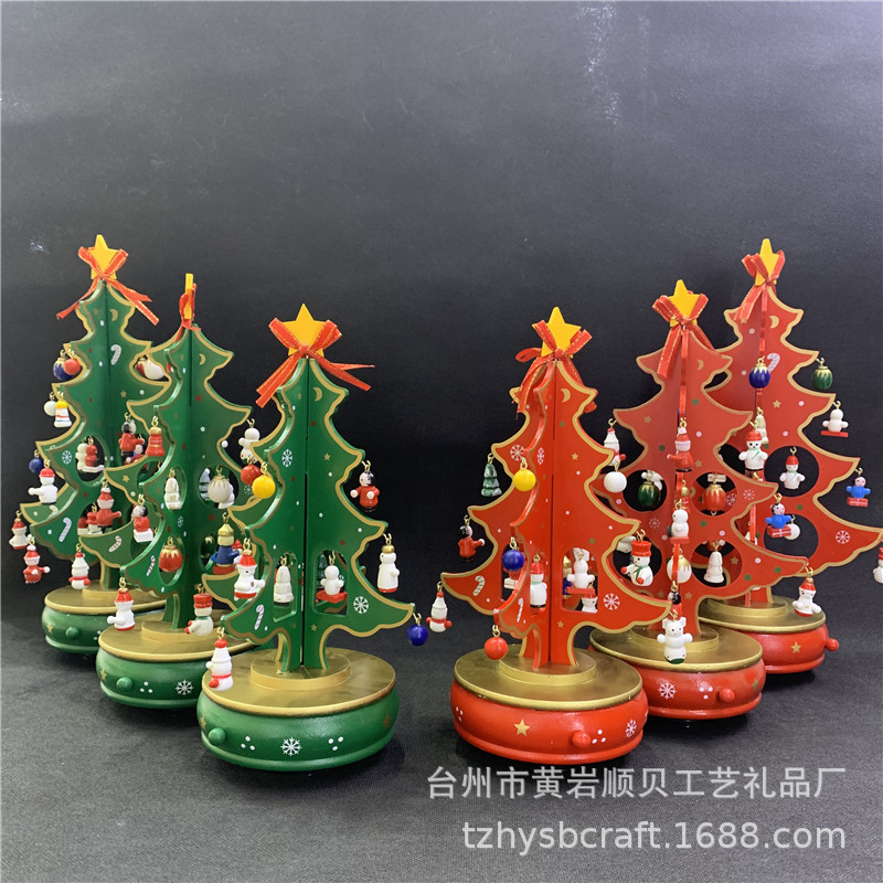 二片圣诞树挂件木质发条式音乐盒 音乐铃 圣诞场景装式八音盒详情图1