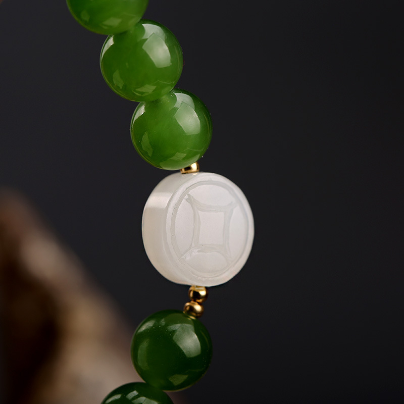 18K pure gold handcrafted 999 pure gold bell, natural spinach, green jasper and Hetian jade bracelet, gold coin DIY small drop flow Application Scenario