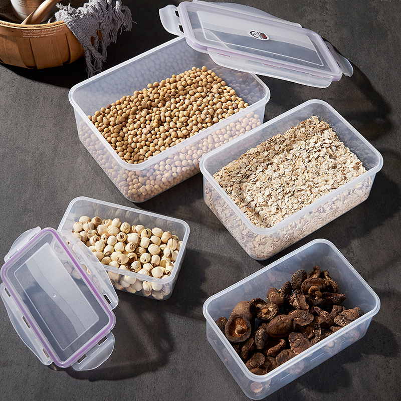 Rectangular refrigerator storage box, food storage box, four-piece set, four-sided lock seal, food storage box manufacturer Specification drawing