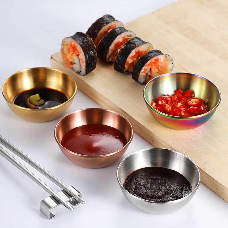 Stainless steel round small plates, golden sauce and seasoning plates, home, restaurant, kitchen soy sauce plates, Japanese dipping sauce plates