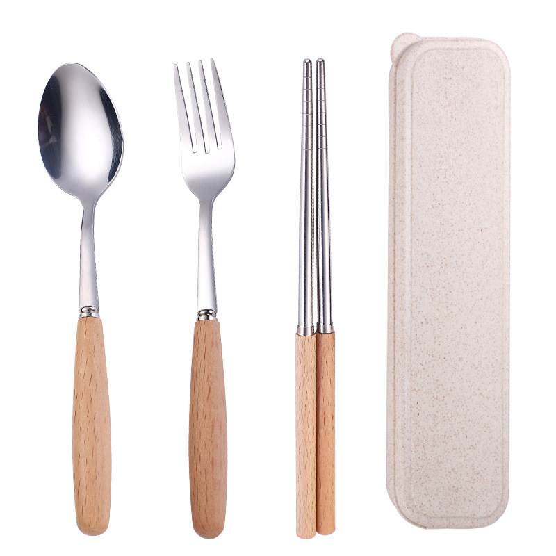 Wooden Handle Stainless Steel Tableware Three-Piece Set Solid Wood Chopsticks Fork Spoon Students Outdoor Travel Gift Tableware Set Item Picture
