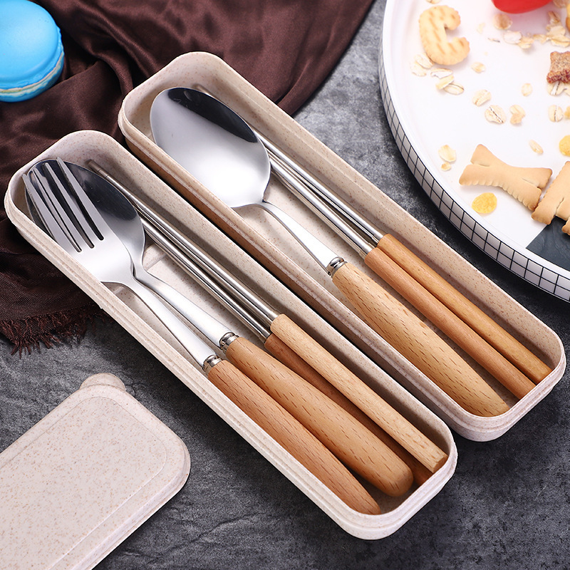 Wooden Handle Stainless Steel Tableware Three-Piece Set Solid Wood Chopsticks Fork Spoon Students Outdoor Travel Gift Tableware Set details Picture