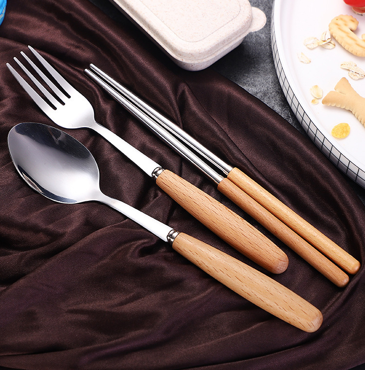 Wooden Handle Stainless Steel Tableware Three-Piece Set Solid Wood Chopsticks Fork Spoon Students Outdoor Travel Gift Tableware Set Specification drawing