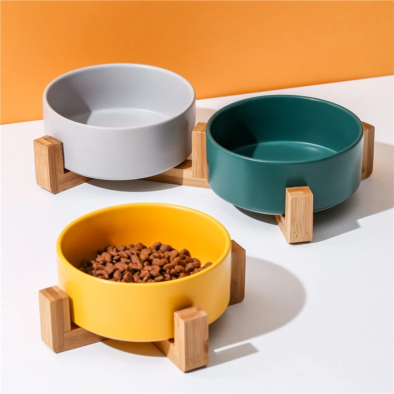 Cat Bowl Ceramic Double Bowl Water Bowl One Wooden Frame Protection Cervical Spine Tall Dog Bowl Dog Bowl Drinking Bowl Black Pet Bowl