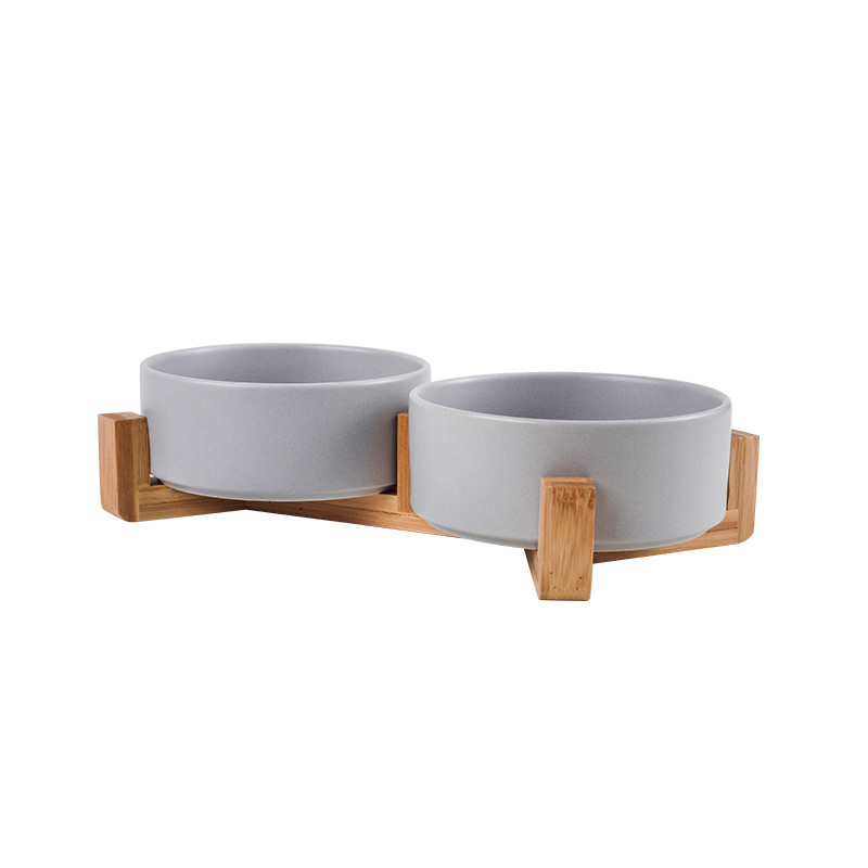 Cat Bowl Ceramic Double Bowl Water Bowl One Wooden Frame Protection Cervical Spine Tall Dog Bowl Dog Bowl Drinking Bowl Black Pet Bowl Item Picture