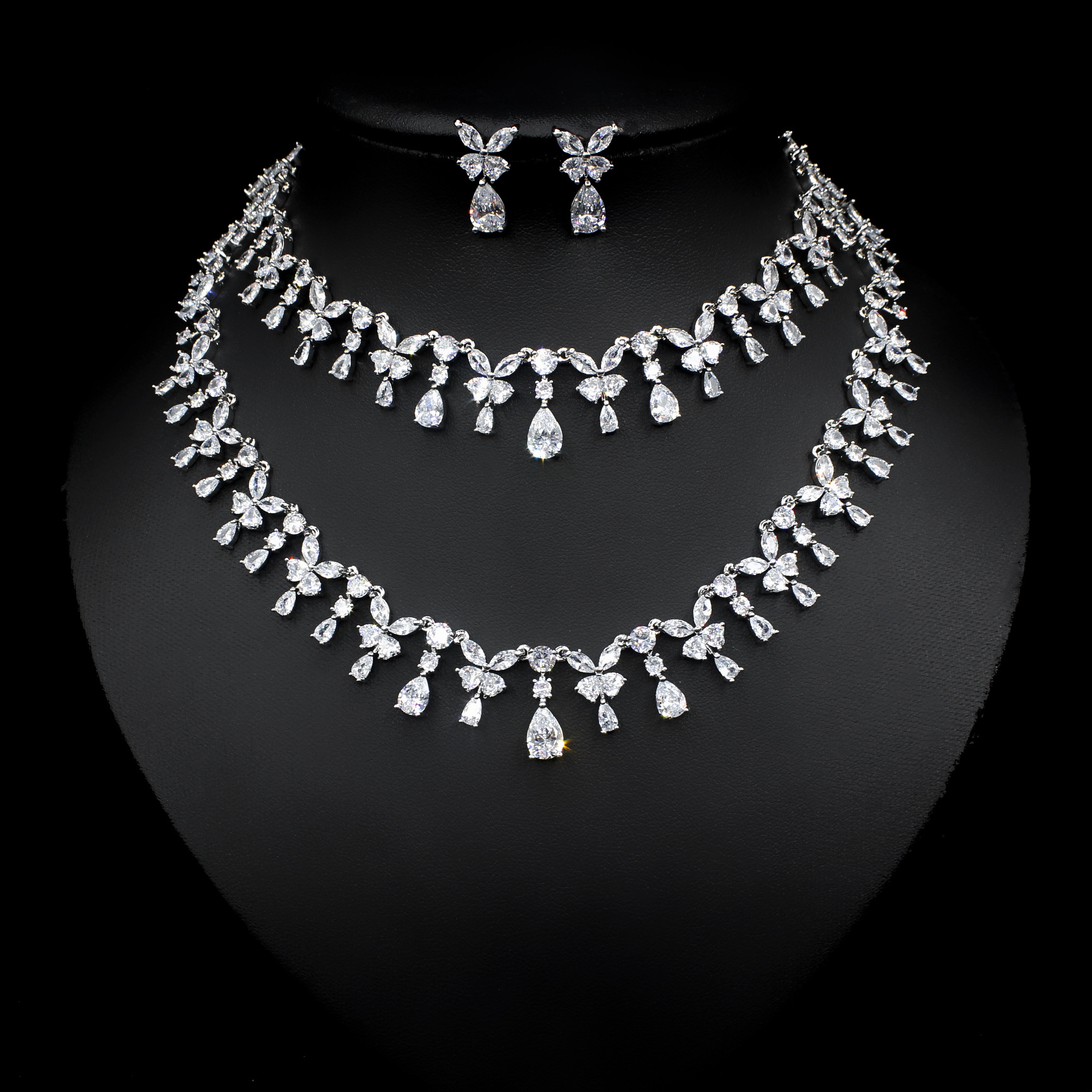 欧美奢华结婚宴会饰品水滴吊坠耳饰嘻哈项链锆石休闲百搭三件套装细节图