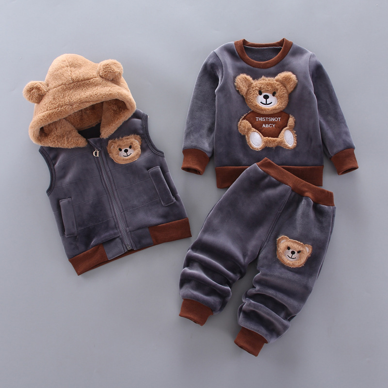 Baby pure cotton plush bear grey hooded vest, long-sleeved top and pants set, summer gift box for girls, children's clothing