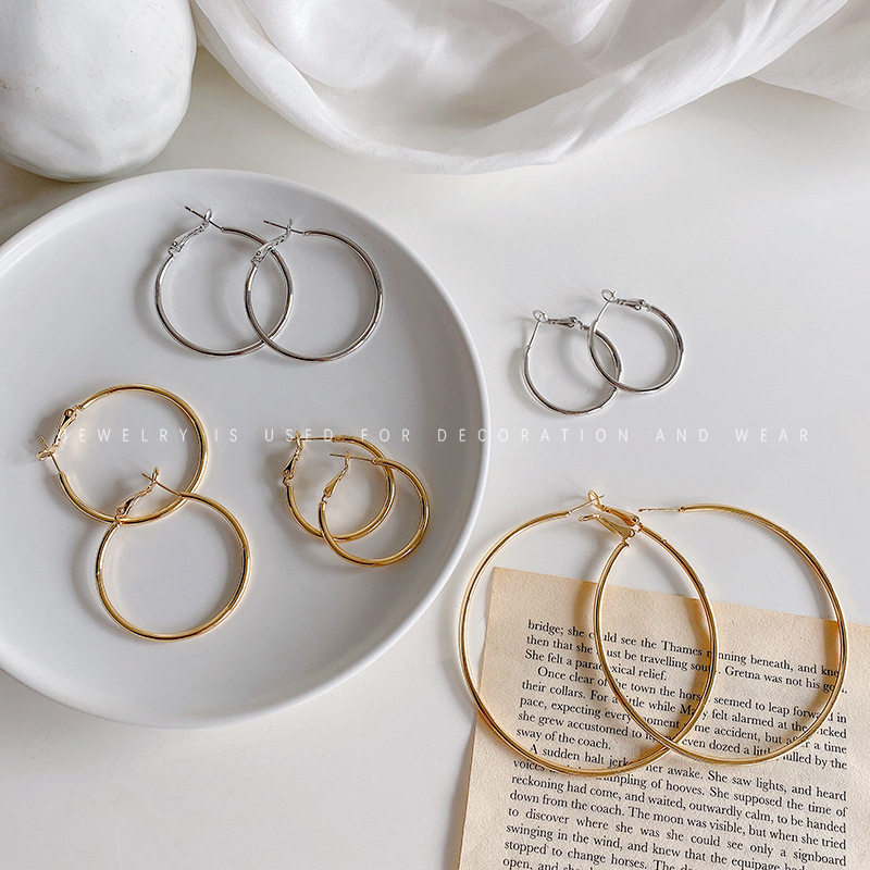 Exaggerated and elegant plain ring earrings from Europe and America, versatile metal ear rings for a cold style on Instagram, 925 silver needle, a popular earring accessory details Picture