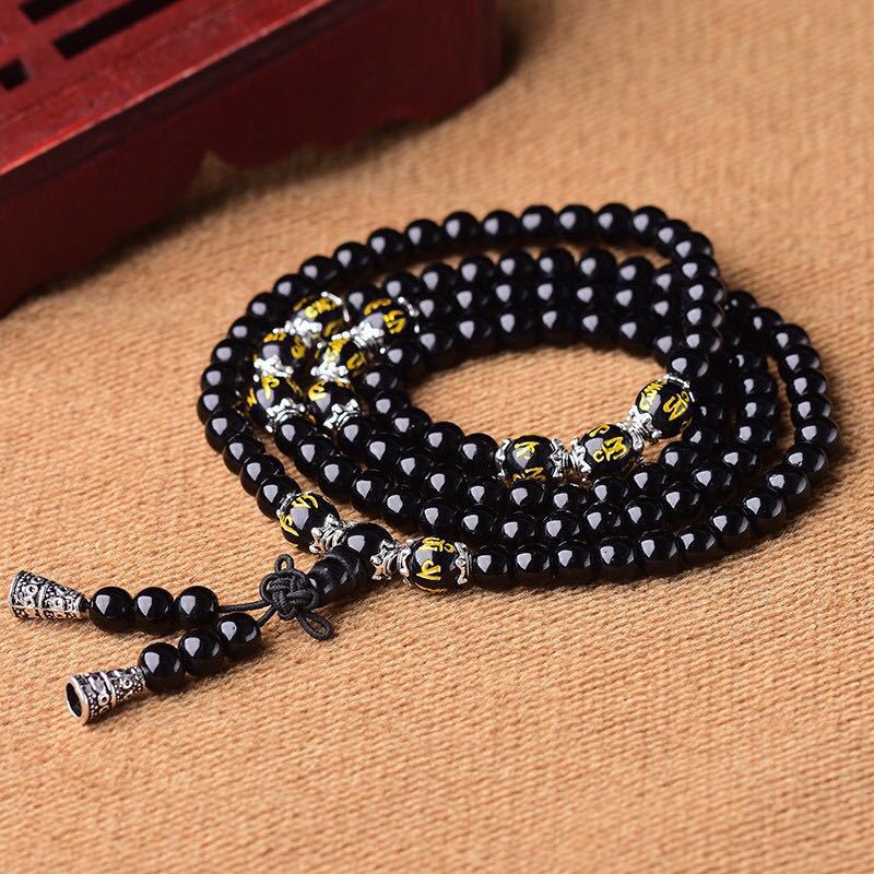 Obsidian synthetic bracelet, 108 Buddhist prayer beads, multi-loop bracelet, six-character mantra, tiger's eye stone, couple accessories for men and women details Picture